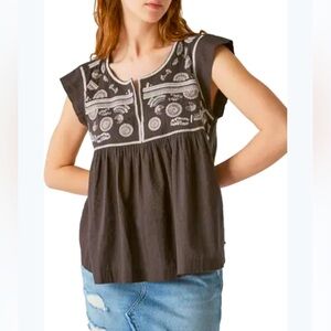 Lucky Brand Embroidered Bib Cotton Blouse L
